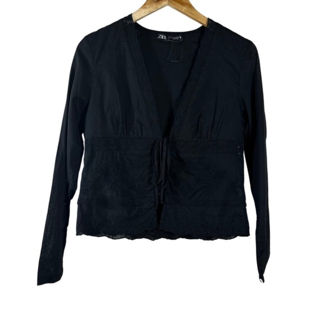 Zara Women's Top Black Cotton Front Tie Lightweight Lace Long Sleeves Size M